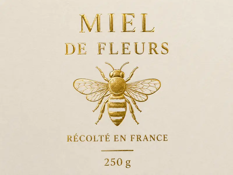 Étiquette de miel avec abeille et typographie en dorure à chaud