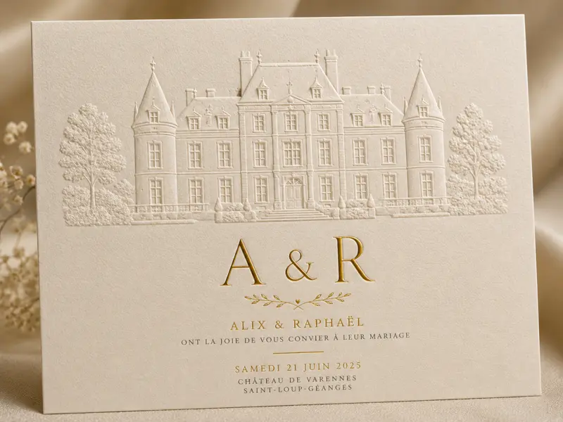 Faire-part avec château gaufré et initiales dorées sur papier ivoire